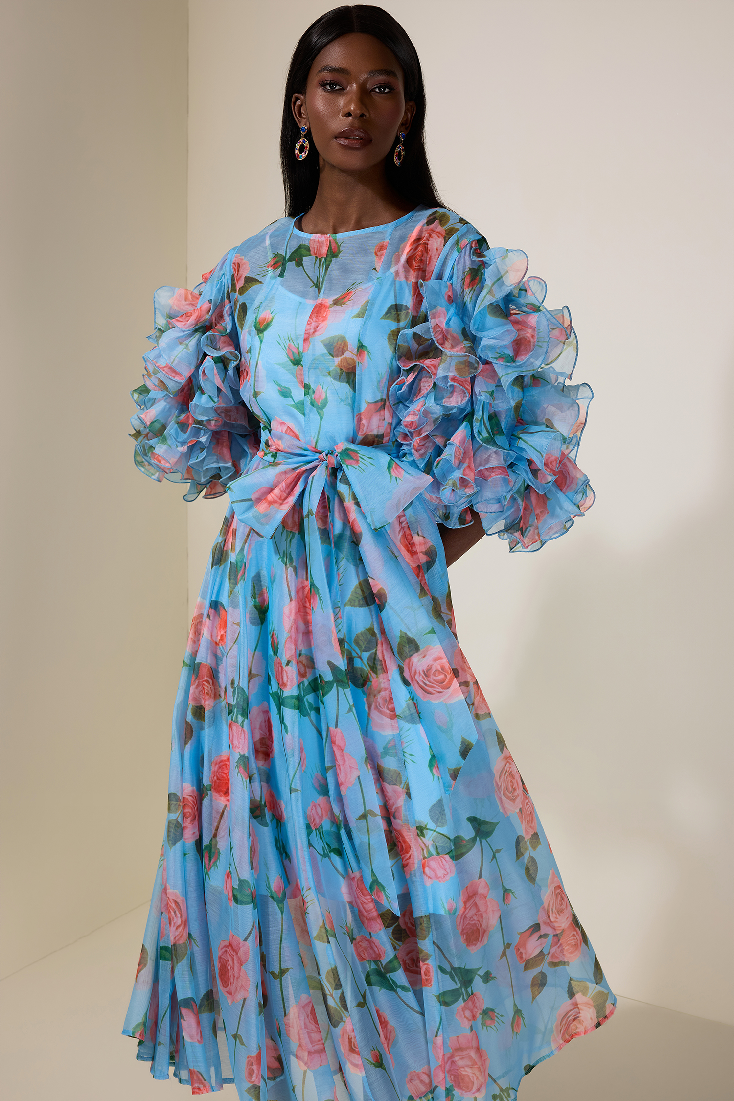 Floral Ruffle Midi Dress With Belt