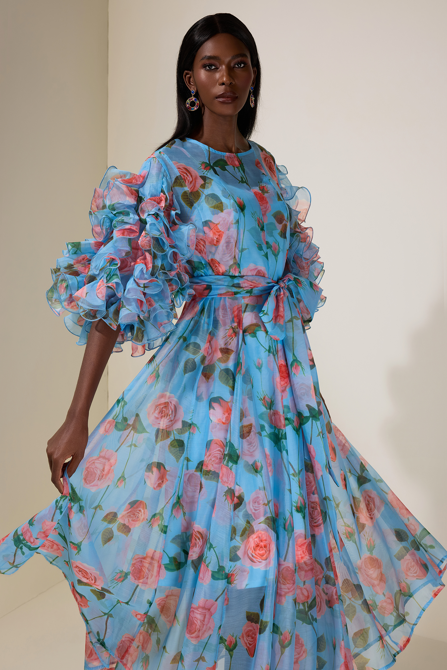 Floral Ruffle Midi Dress With Belt