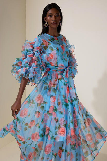 Floral Ruffle Midi Dress With Belt