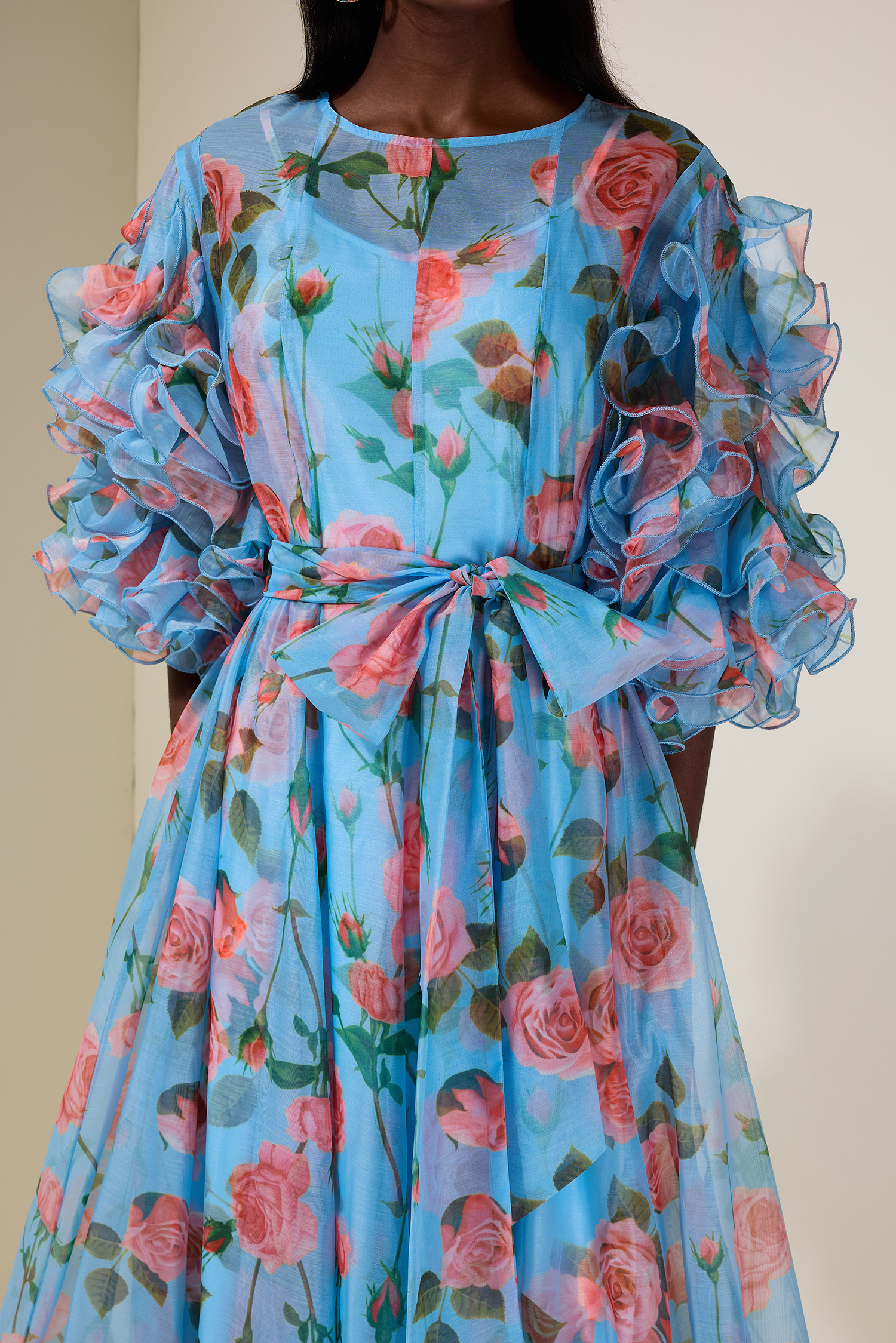 Floral Ruffle Midi Dress With Belt