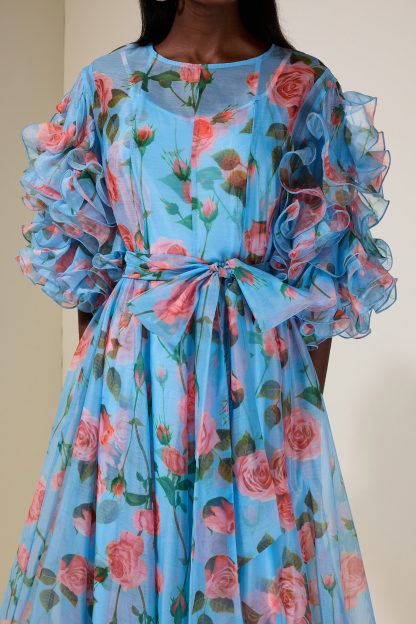 Floral Ruffle Midi Dress With Belt