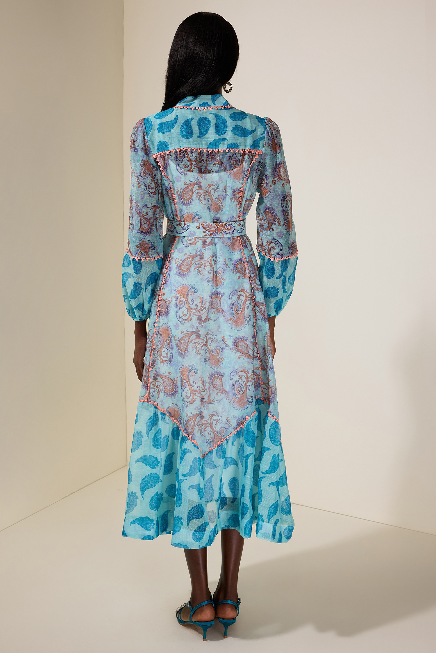 Paisley Print Single Breasted Lace Midi Dress With Belt