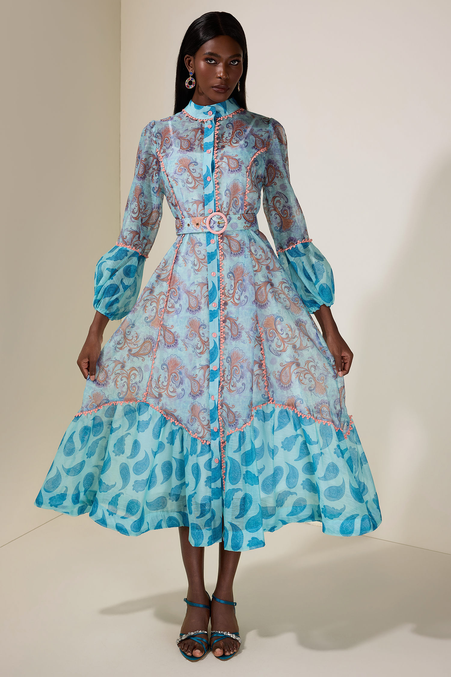 Paisley Print Single Breasted Lace Midi Dress With Belt