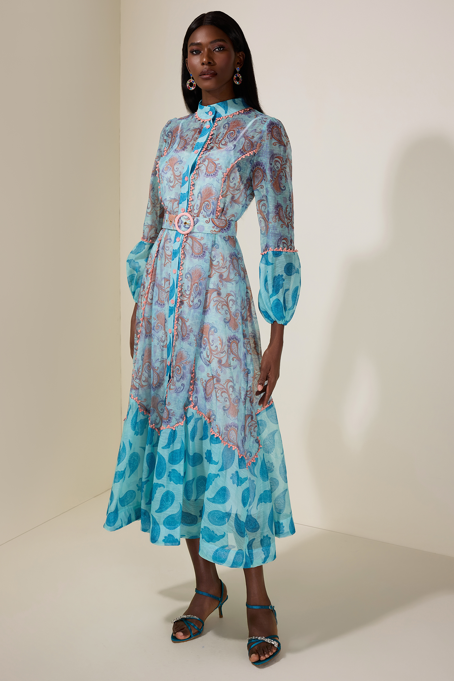 Paisley Print Single Breasted Lace Midi Dress With Belt