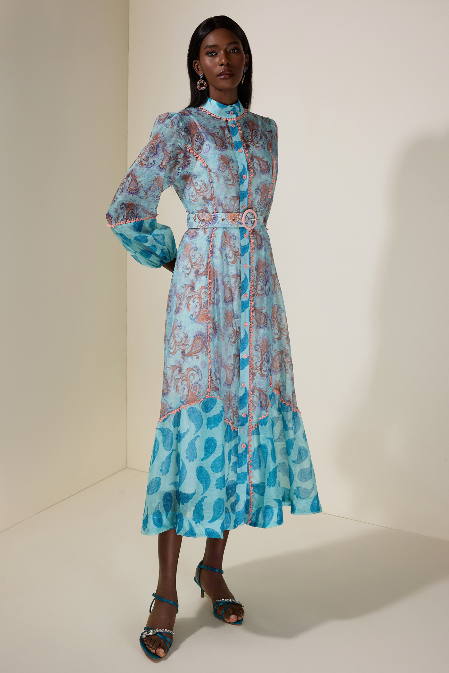 Paisley Print Single Breasted Lace Midi Dress With Belt – JardinVue