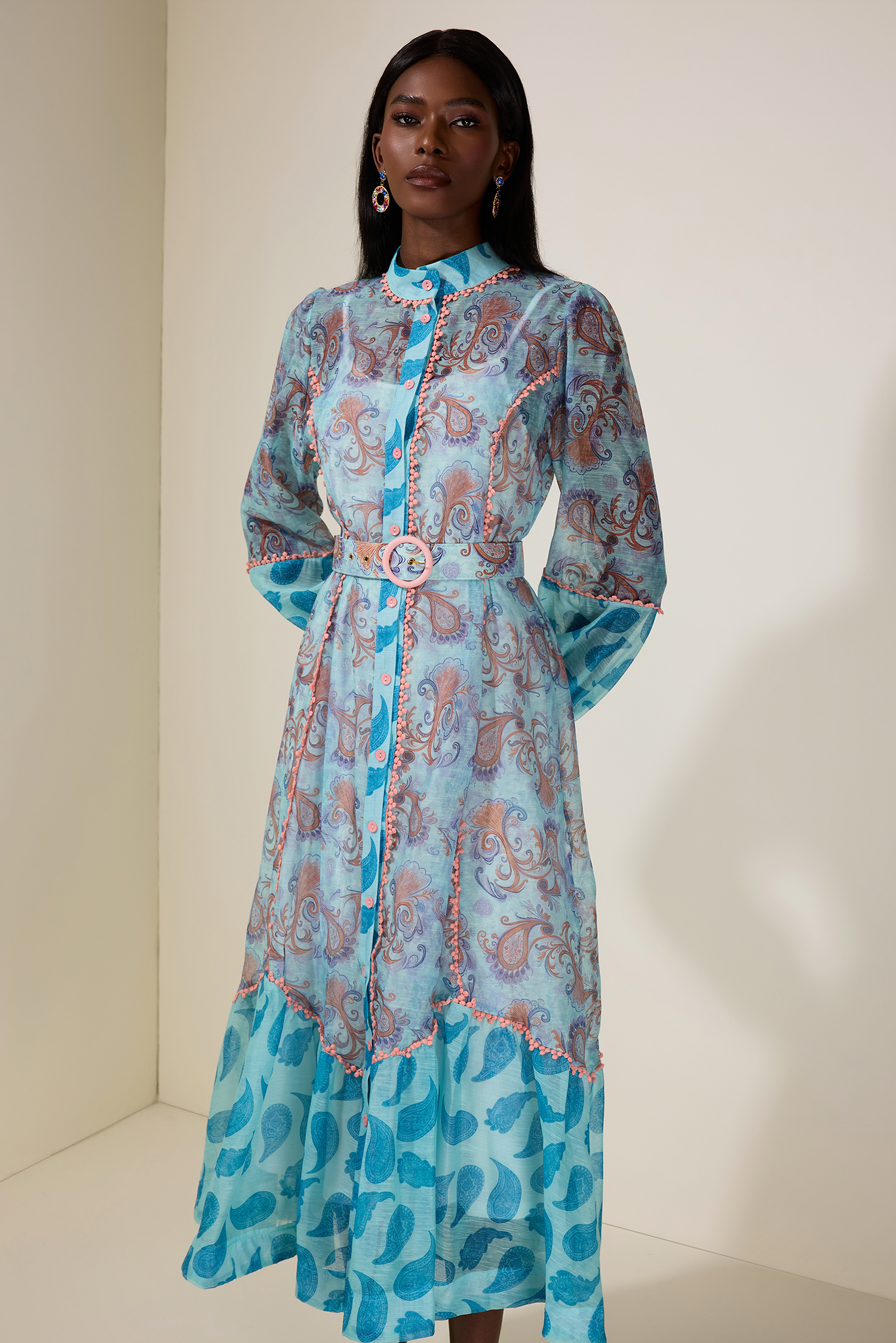 Paisley Print Single Breasted Lace Midi Dress With Belt