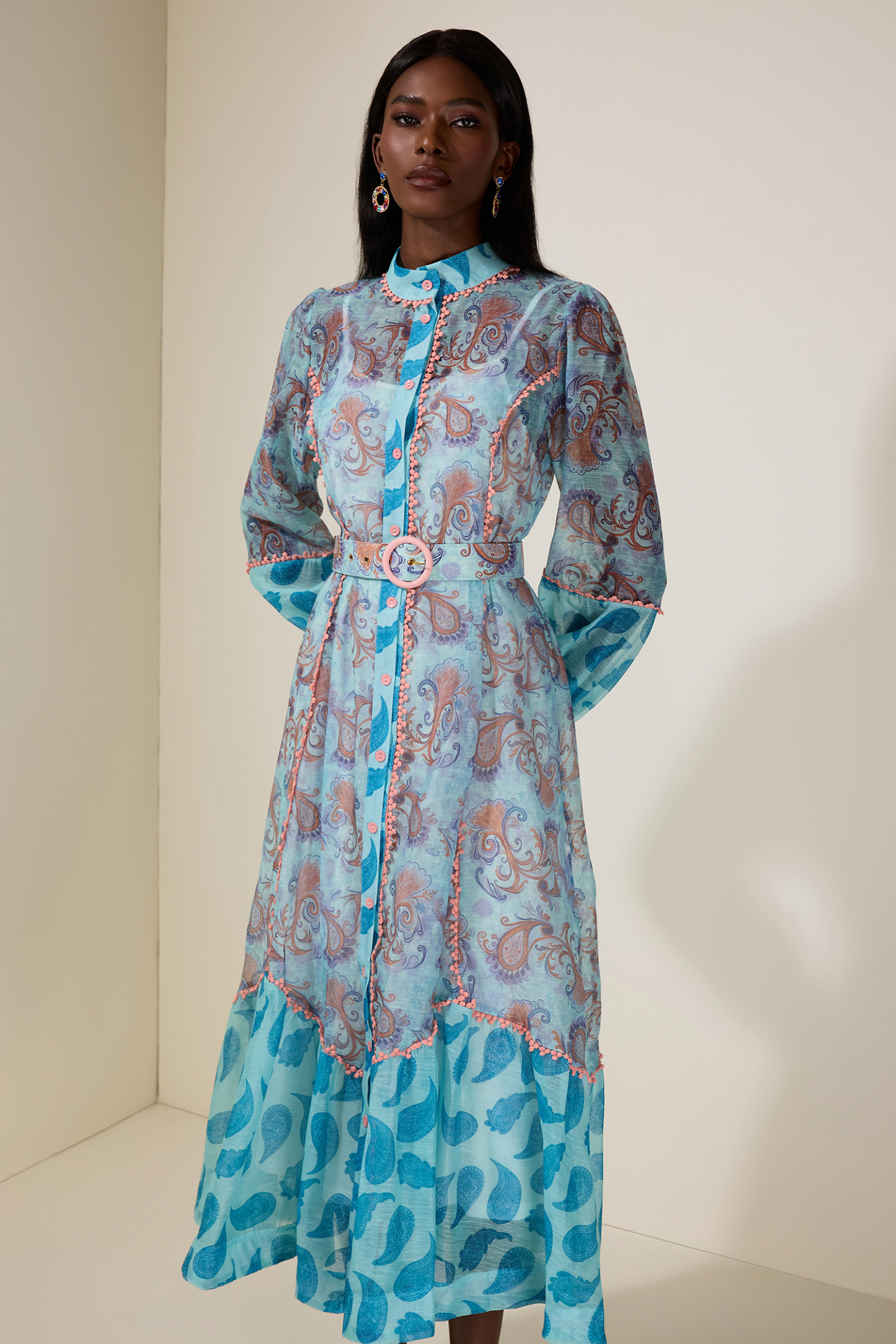 Paisley Print Single Breasted Lace Midi Dress With Belt