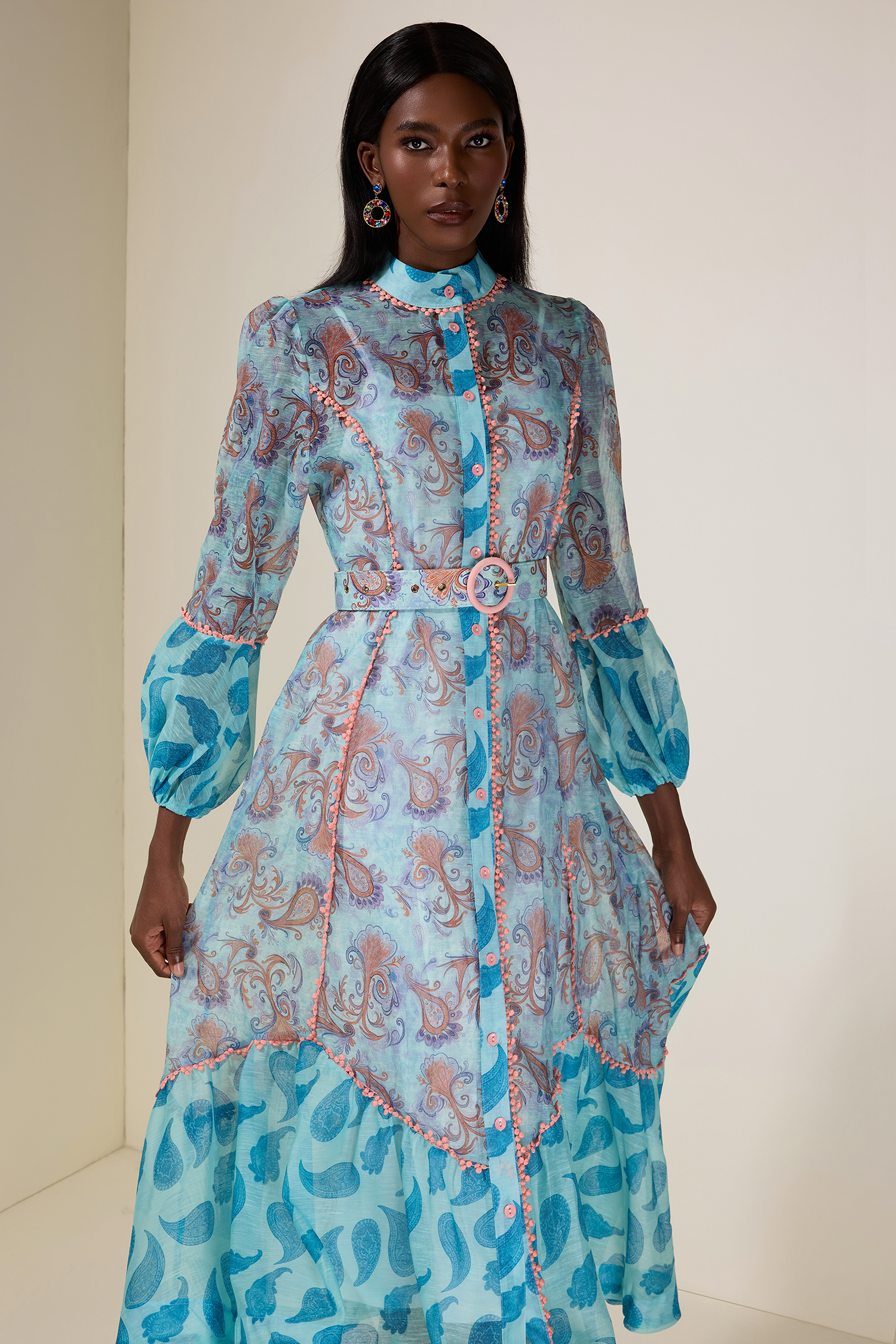 Paisley Print Single Breasted Lace Midi Dress With Belt