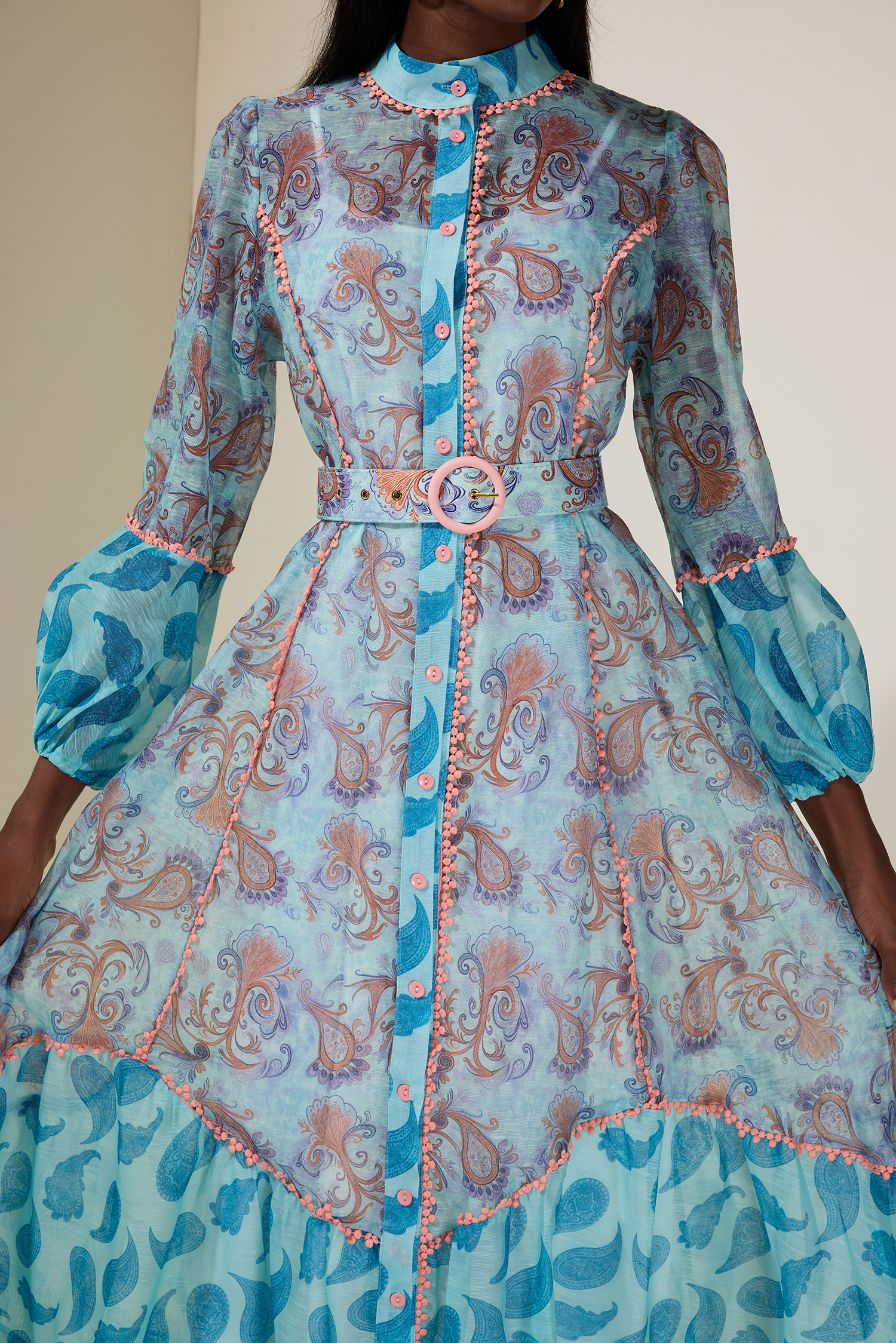 Paisley Print Single Breasted Lace Midi Dress With Belt