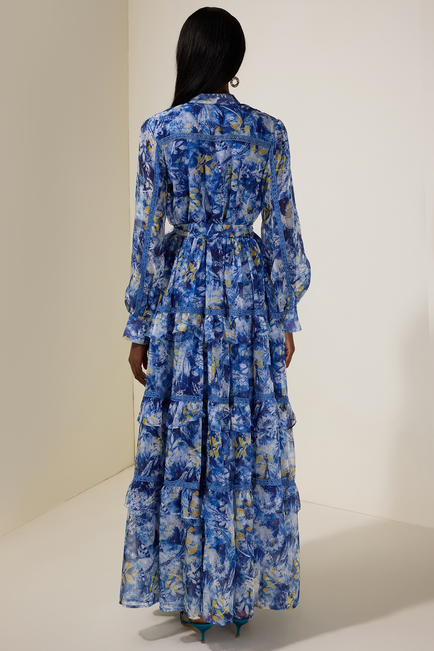 Floral Beaded Ruffle Maxi Dress