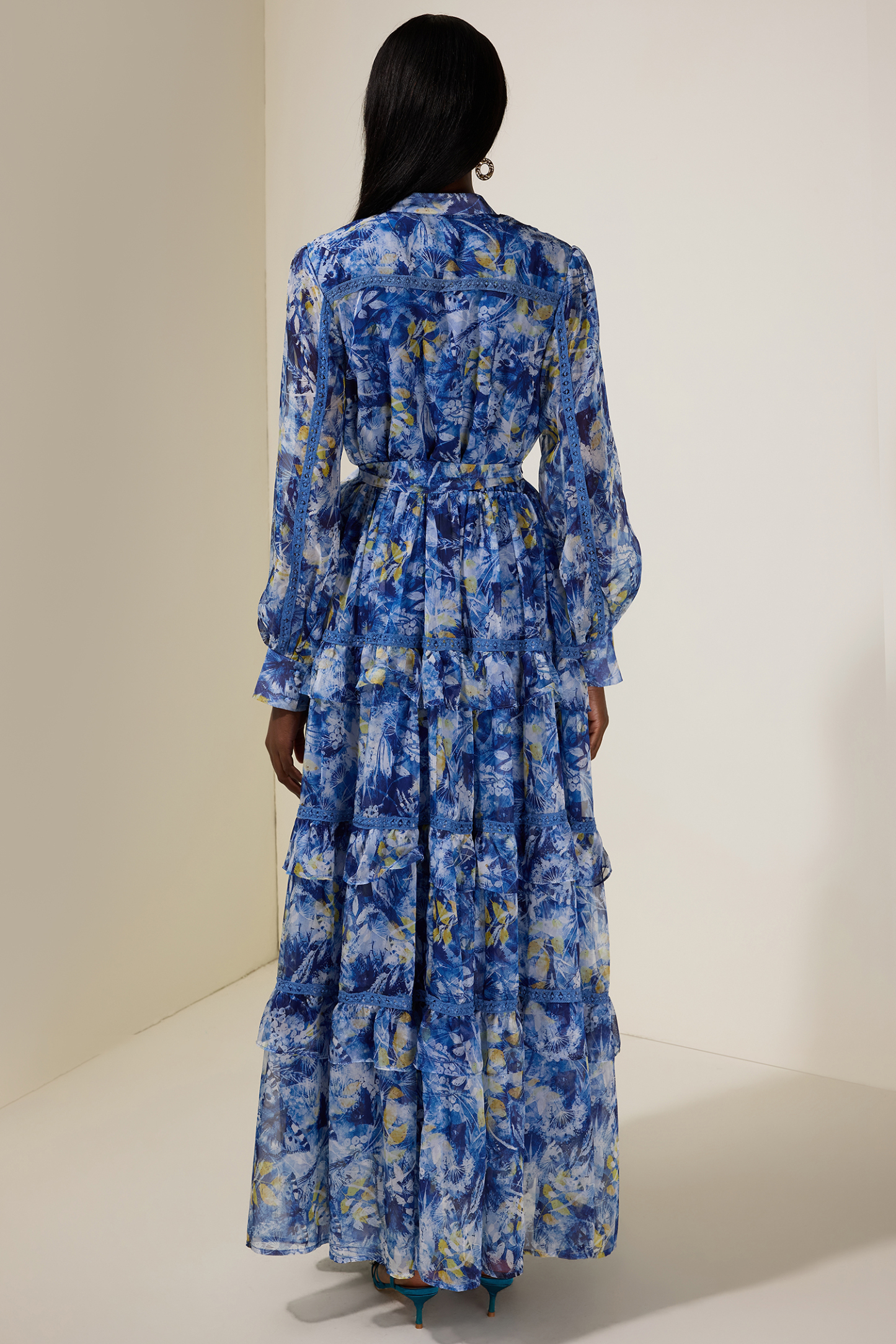 Floral Beaded Ruffle Maxi Dress