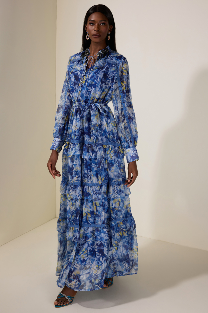 Floral Beaded Ruffle Maxi Dress