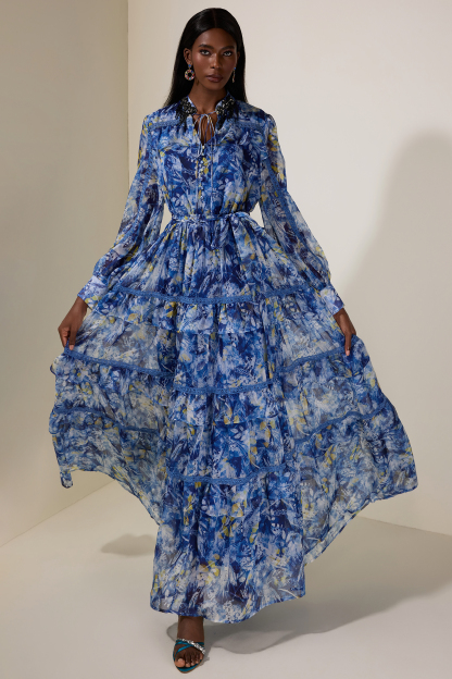 Floral Beaded Ruffle Maxi Dress