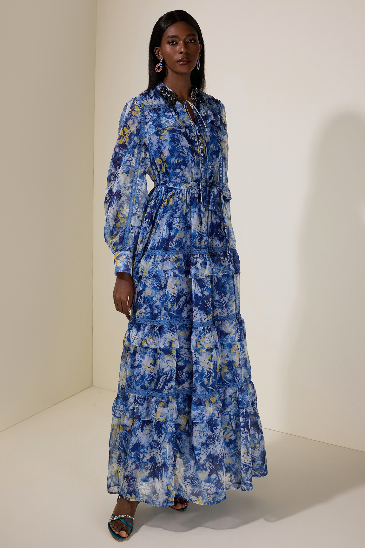 Floral Beaded Ruffle Maxi Dress