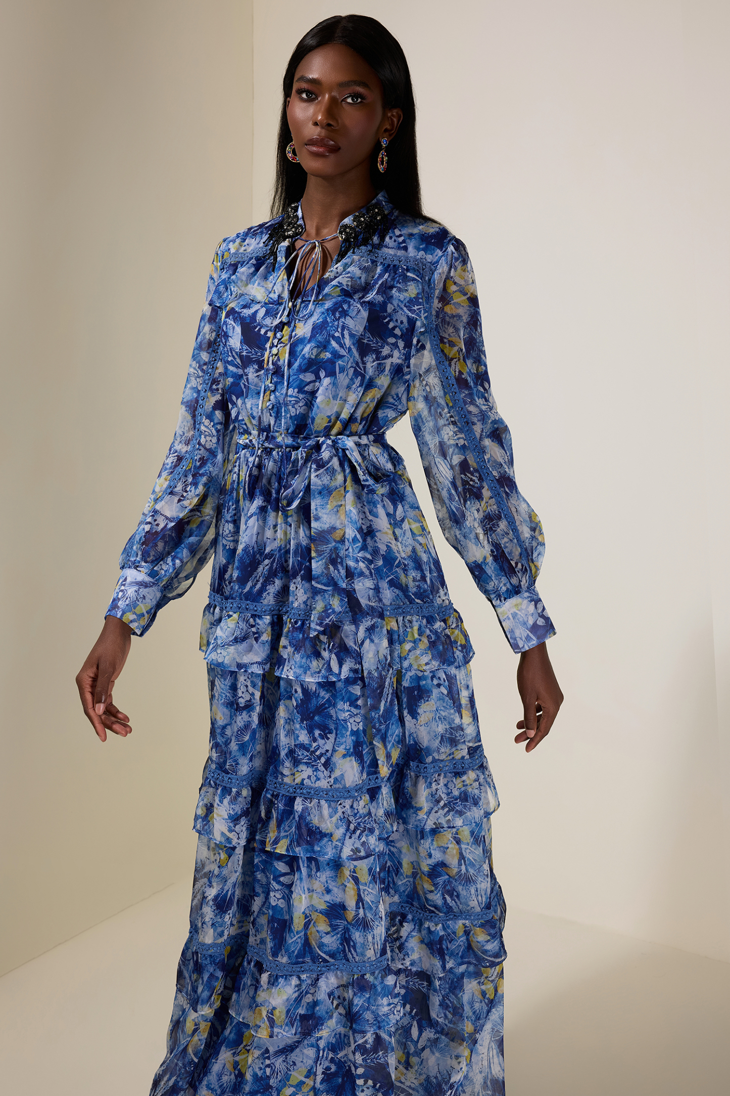 Floral Beaded Ruffle Maxi Dress