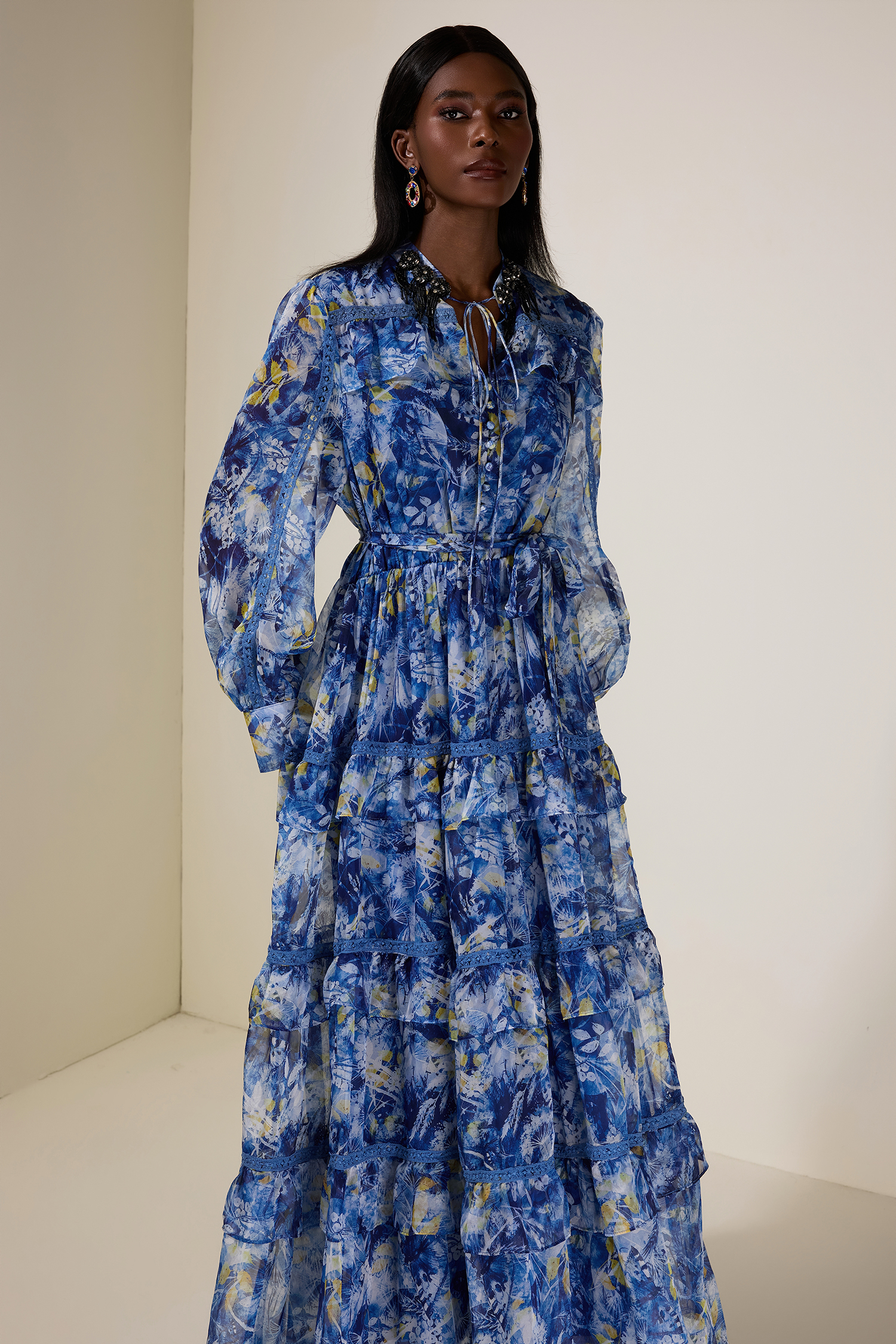 Floral Beaded Ruffle Maxi Dress