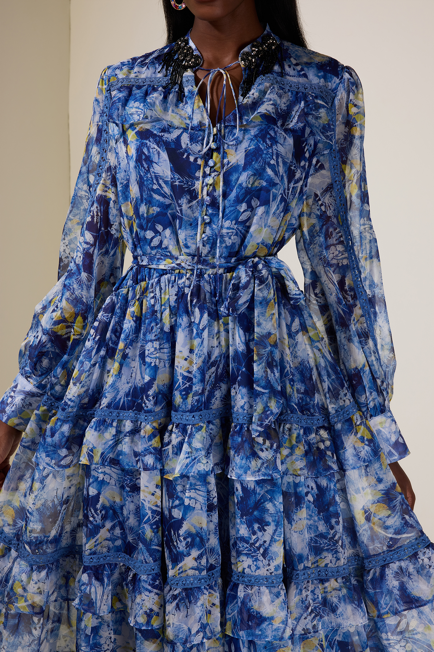 Floral Beaded Ruffle Maxi Dress