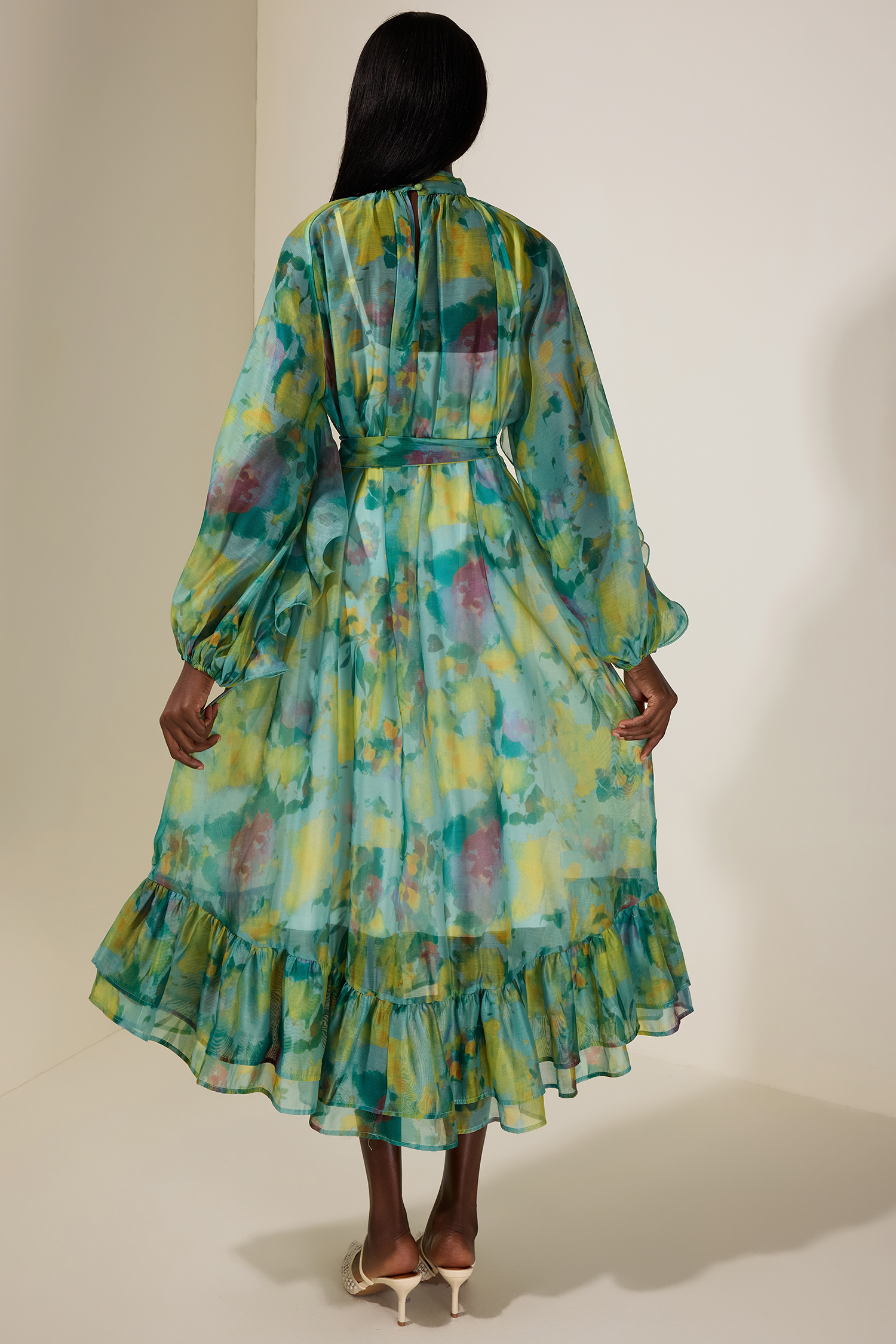 Chiffon Floral Ruffle Midi Dress With Belt