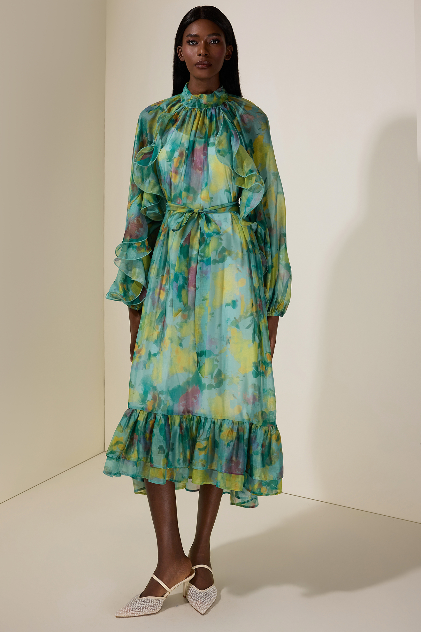 Chiffon Floral Ruffle Midi Dress With Belt