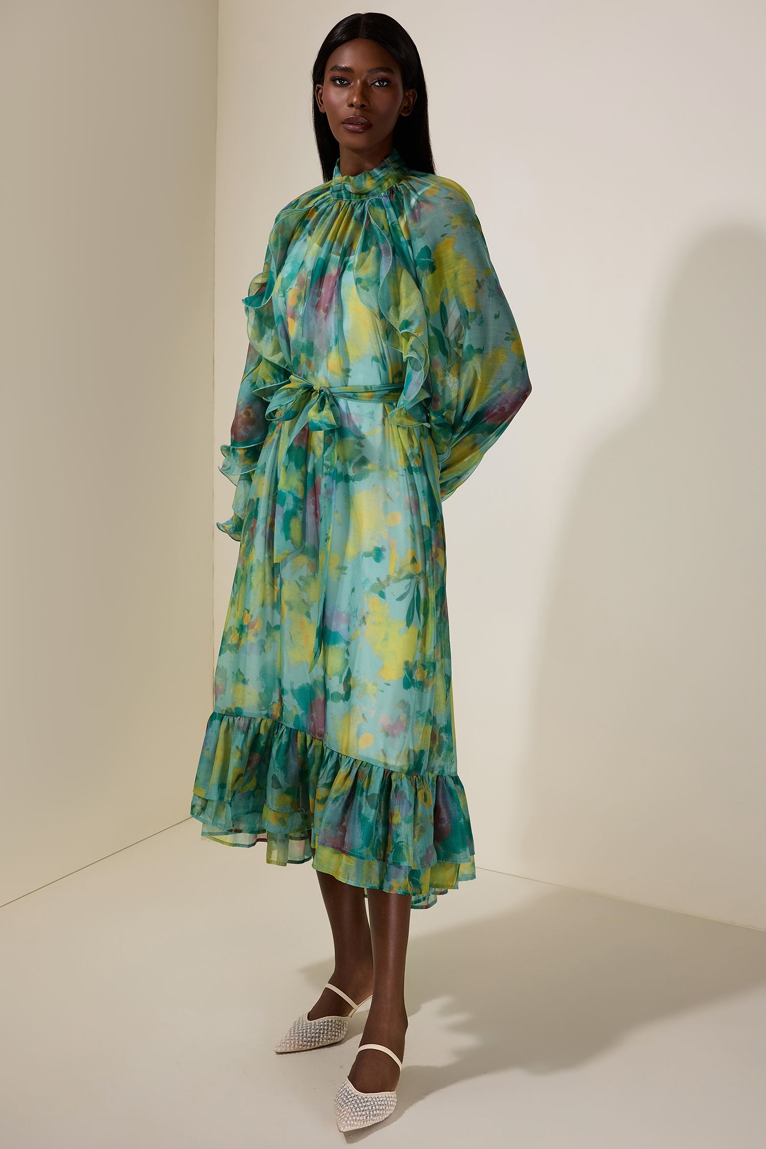 Chiffon Floral Ruffle Midi Dress With Belt