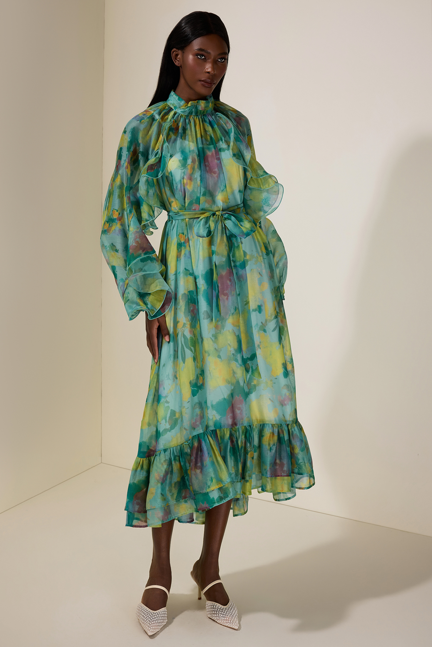 Chiffon Floral Ruffle Midi Dress With Belt