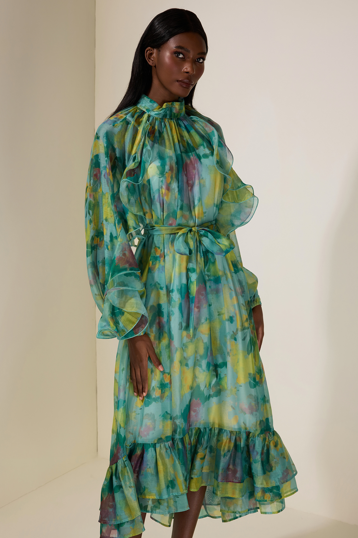 Chiffon Floral Ruffle Midi Dress With Belt