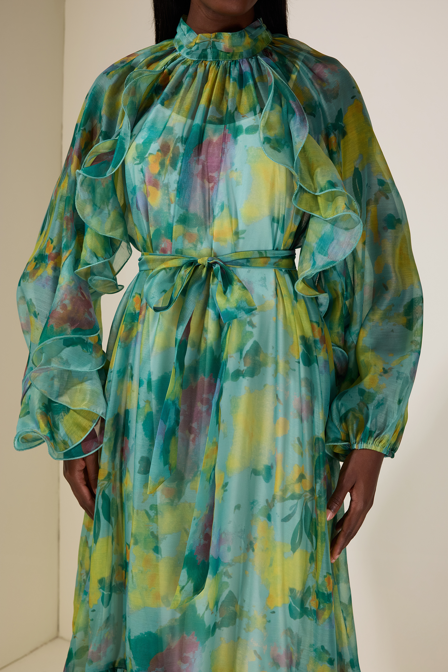 Chiffon Floral Ruffle Midi Dress With Belt