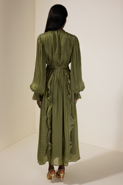 Satin Single Breasted Ruffle Maxi Dress With Belt