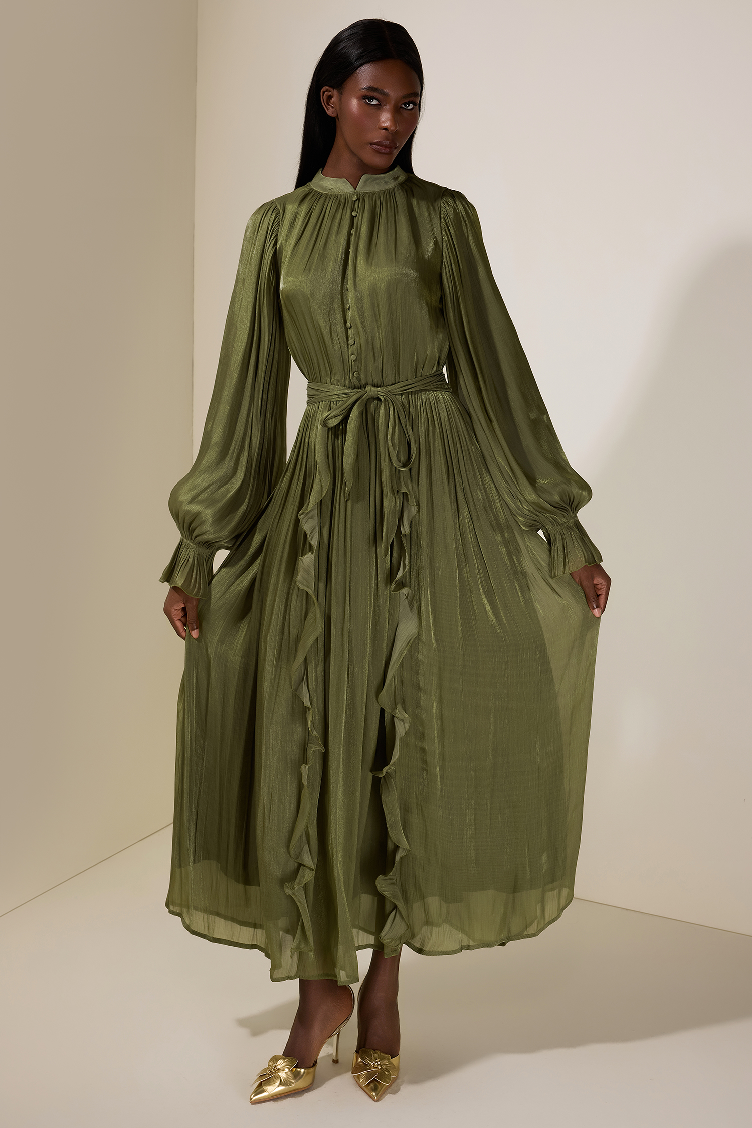 Satin Single Breasted Ruffle Maxi Dress With Belt