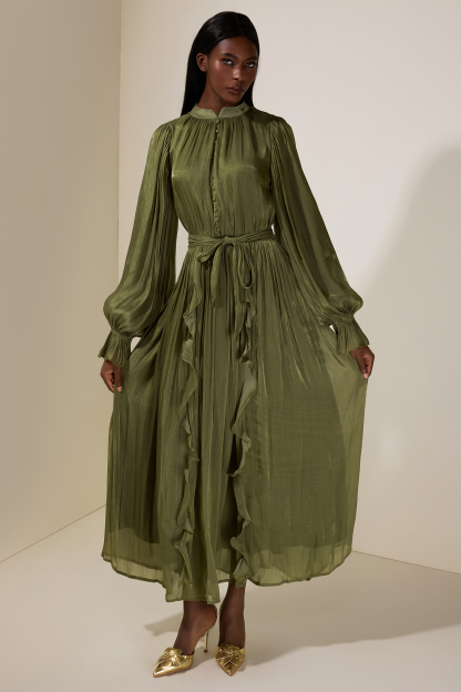 Satin Single Breasted Ruffle Maxi Dress With Belt