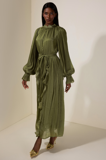 Satin Single Breasted Ruffle Maxi Dress With Belt