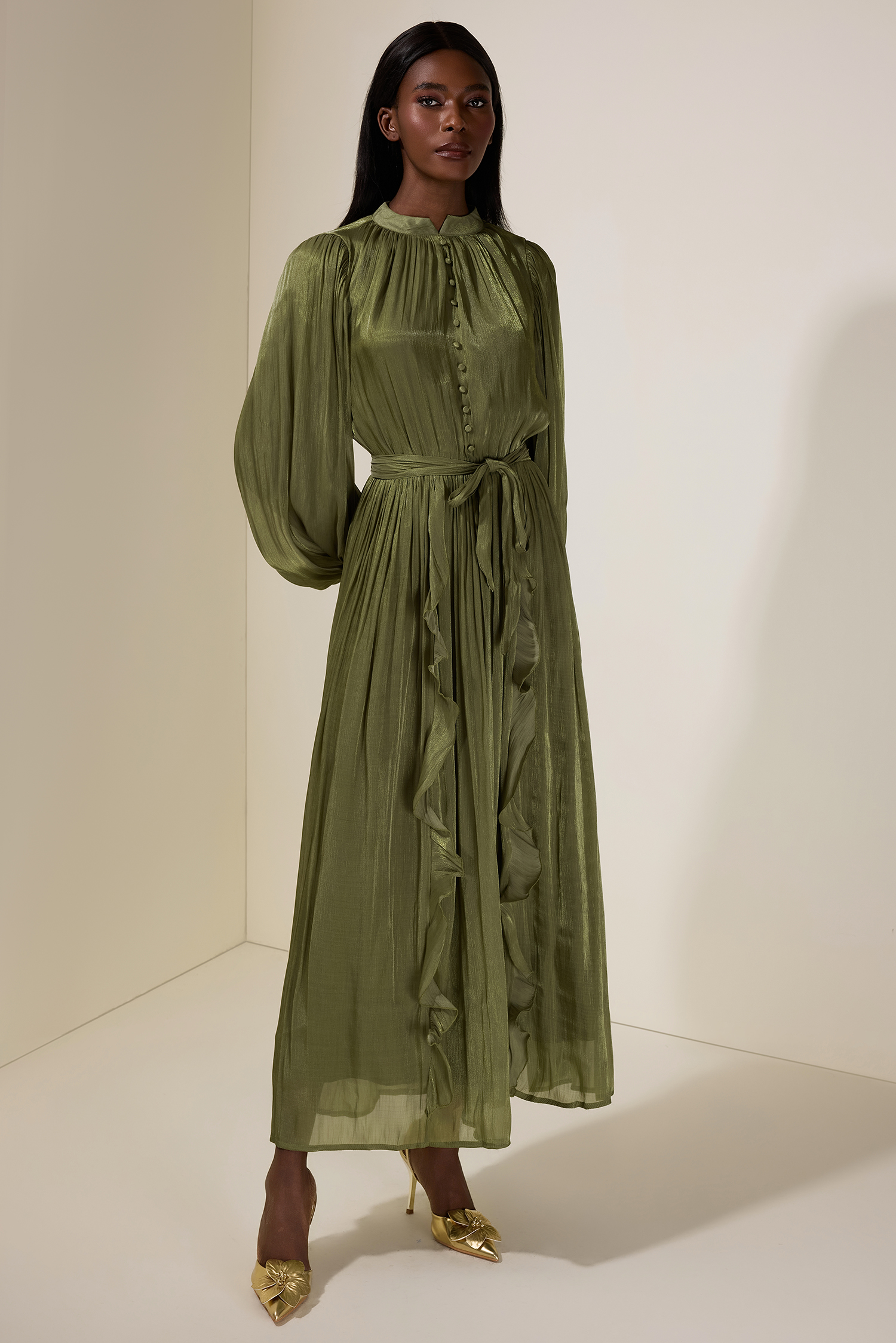 Satin Single Breasted Ruffle Maxi Dress With Belt