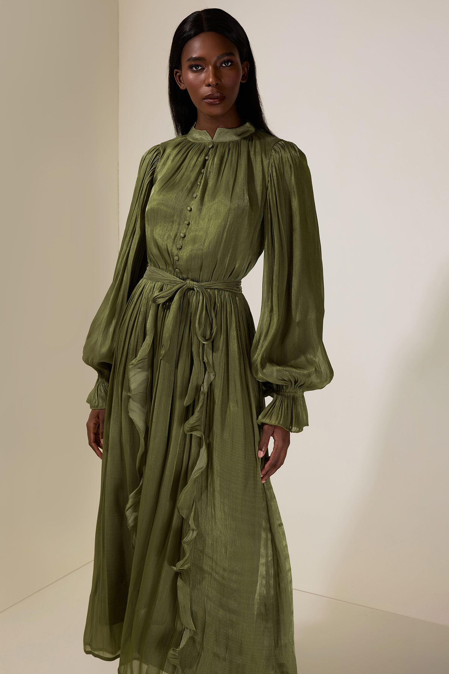 Satin Single Breasted Ruffle Maxi Dress With Belt