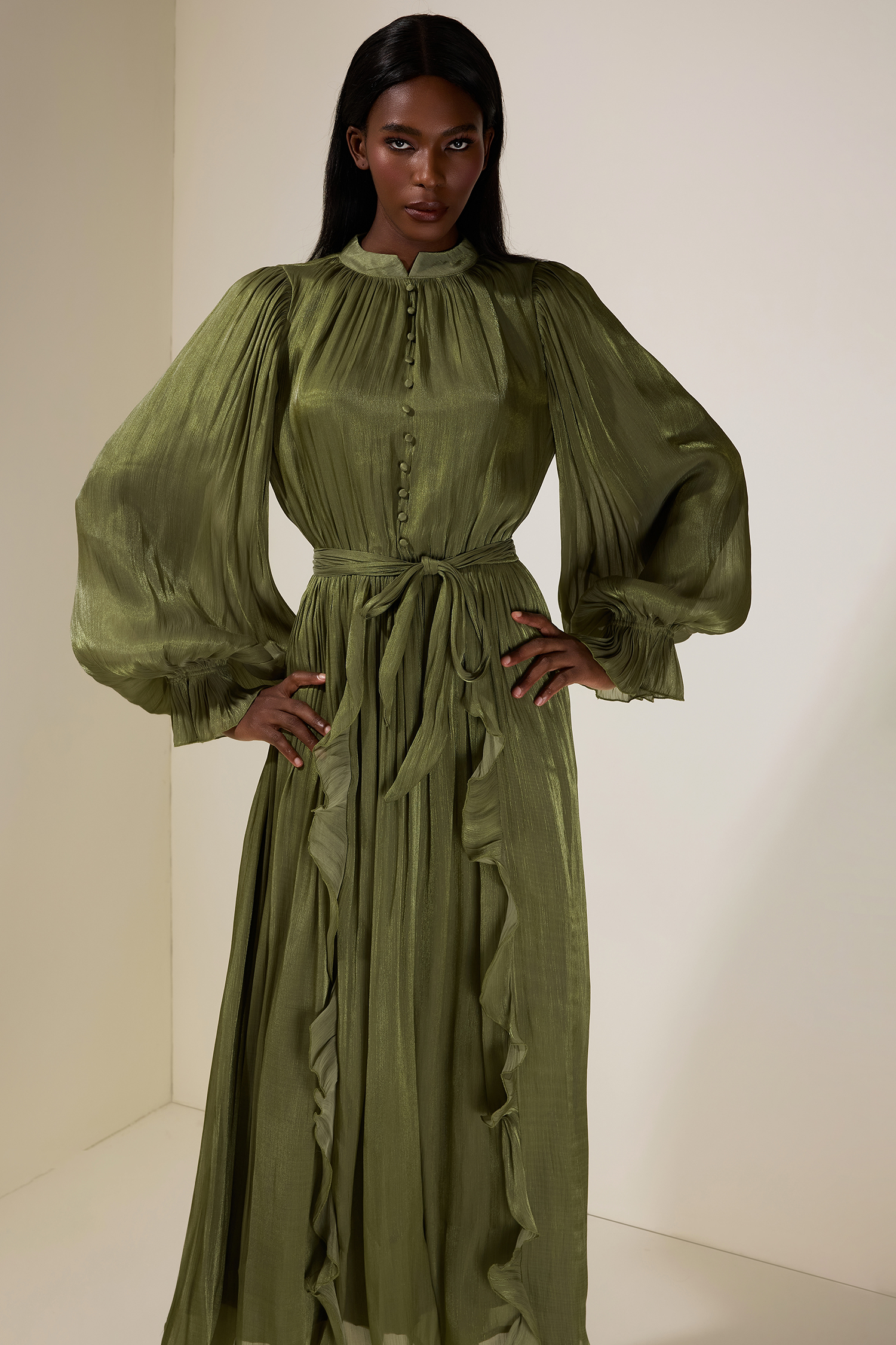 Satin Single Breasted Ruffle Maxi Dress With Belt