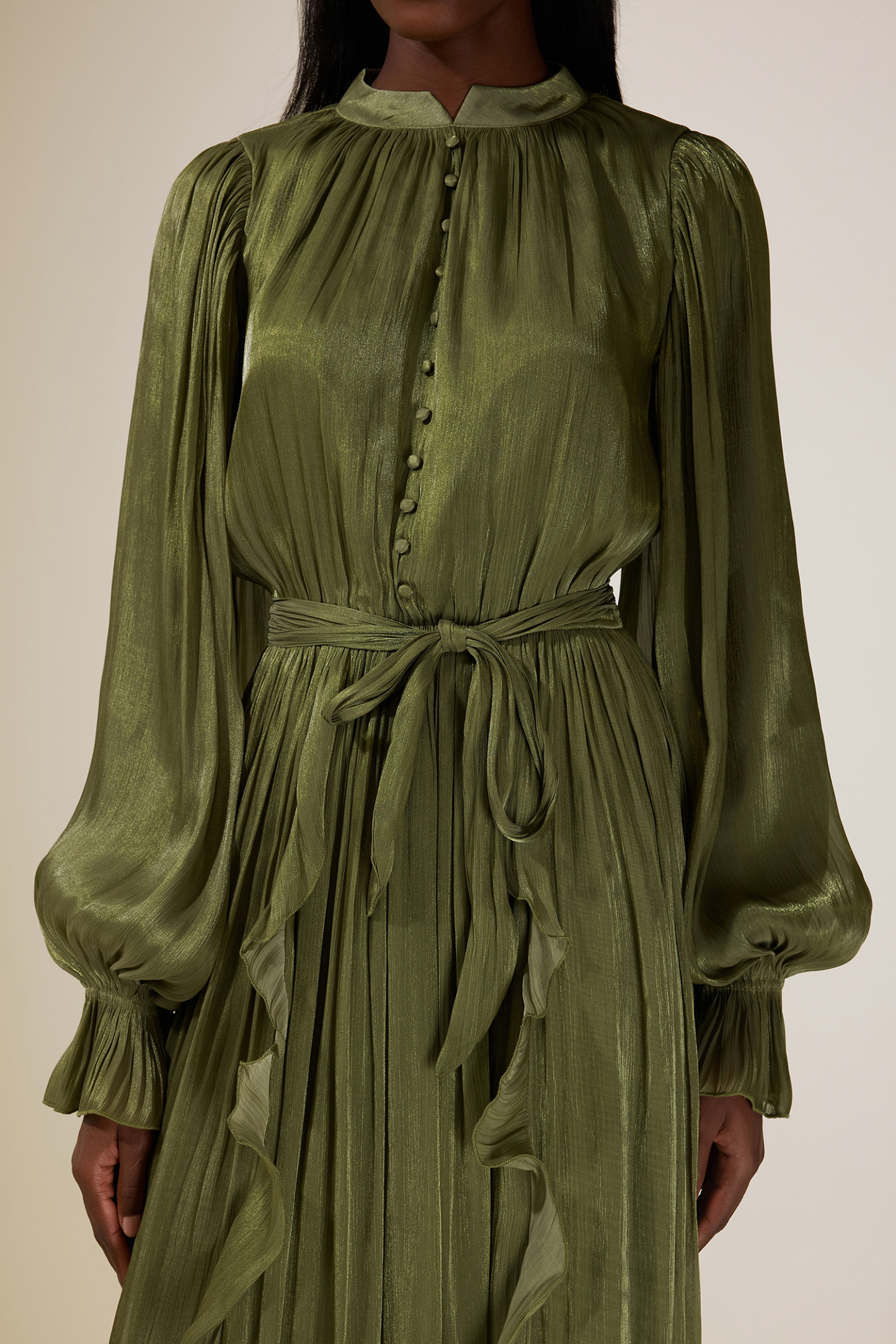 Satin Single Breasted Ruffle Maxi Dress With Belt