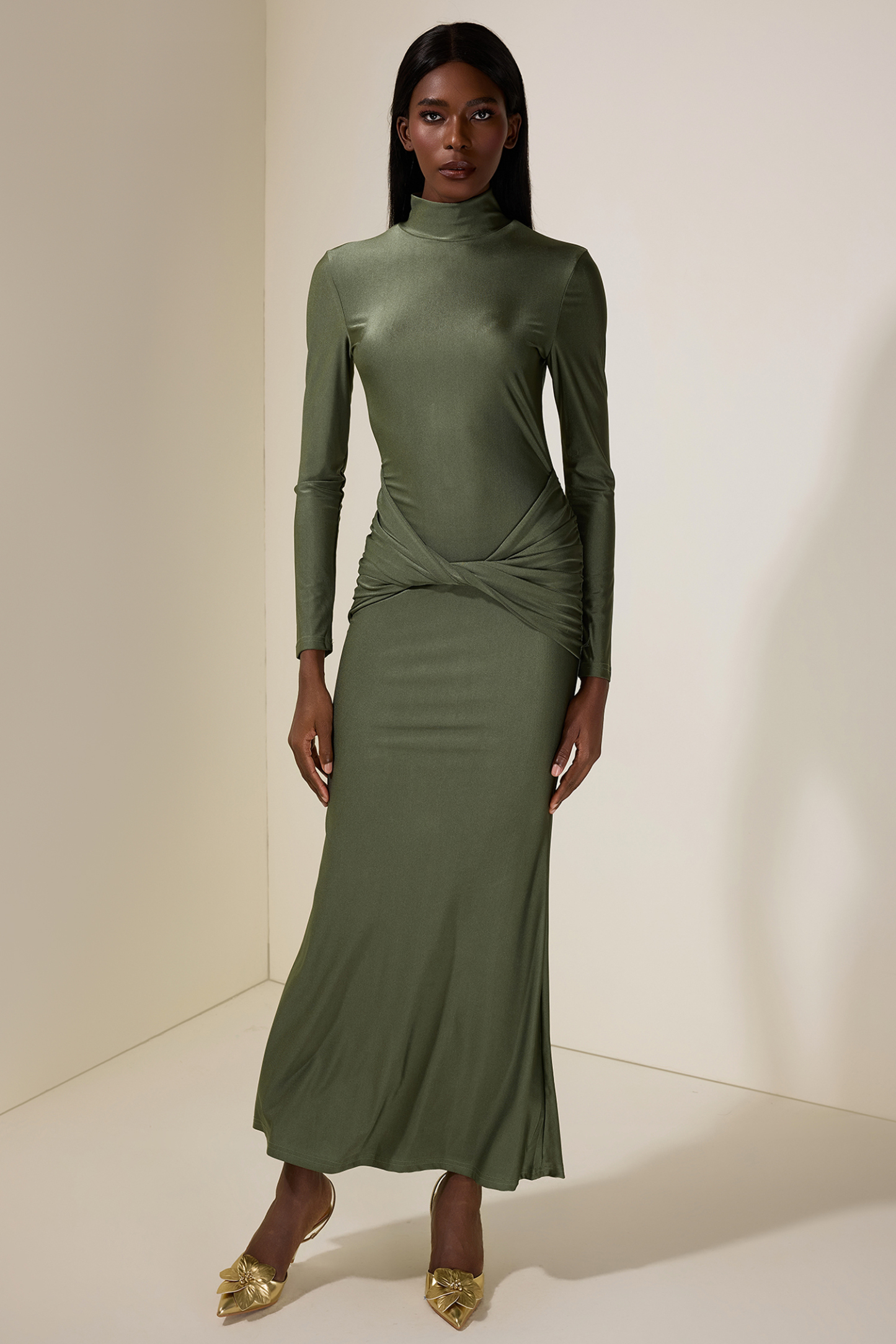 Jersey Knotted Stand Collar Maxi Dress