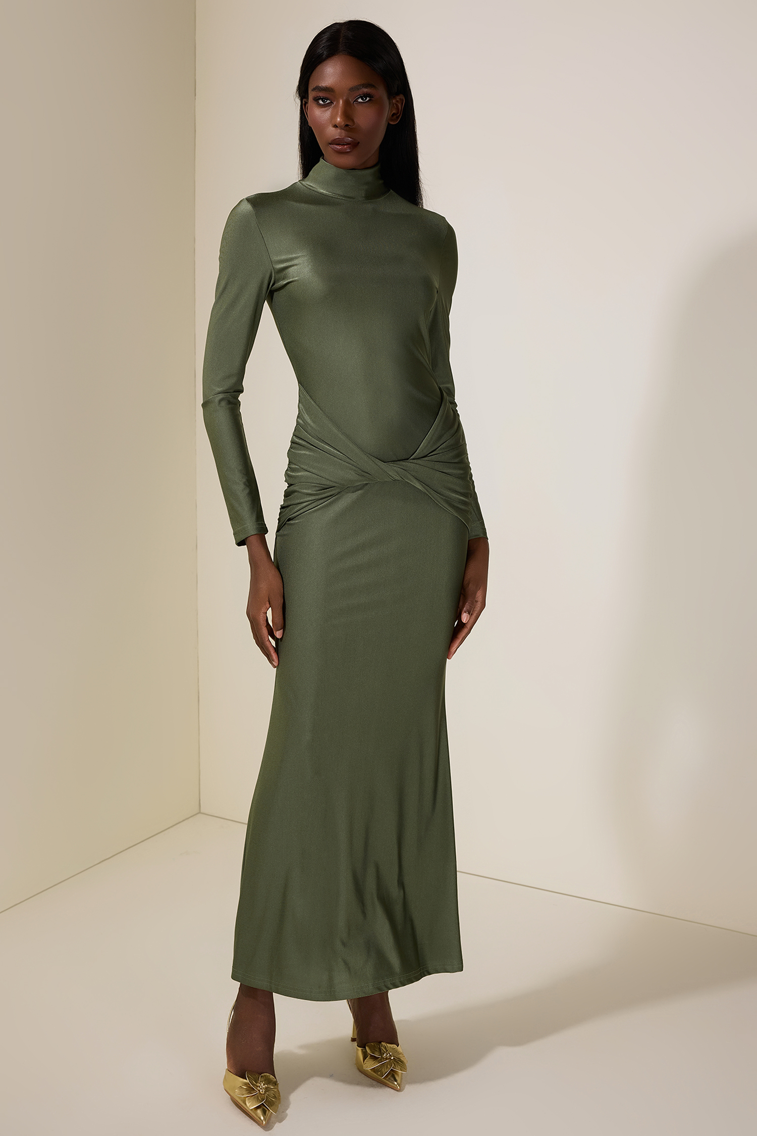 Jersey Knotted Stand Collar Maxi Dress
