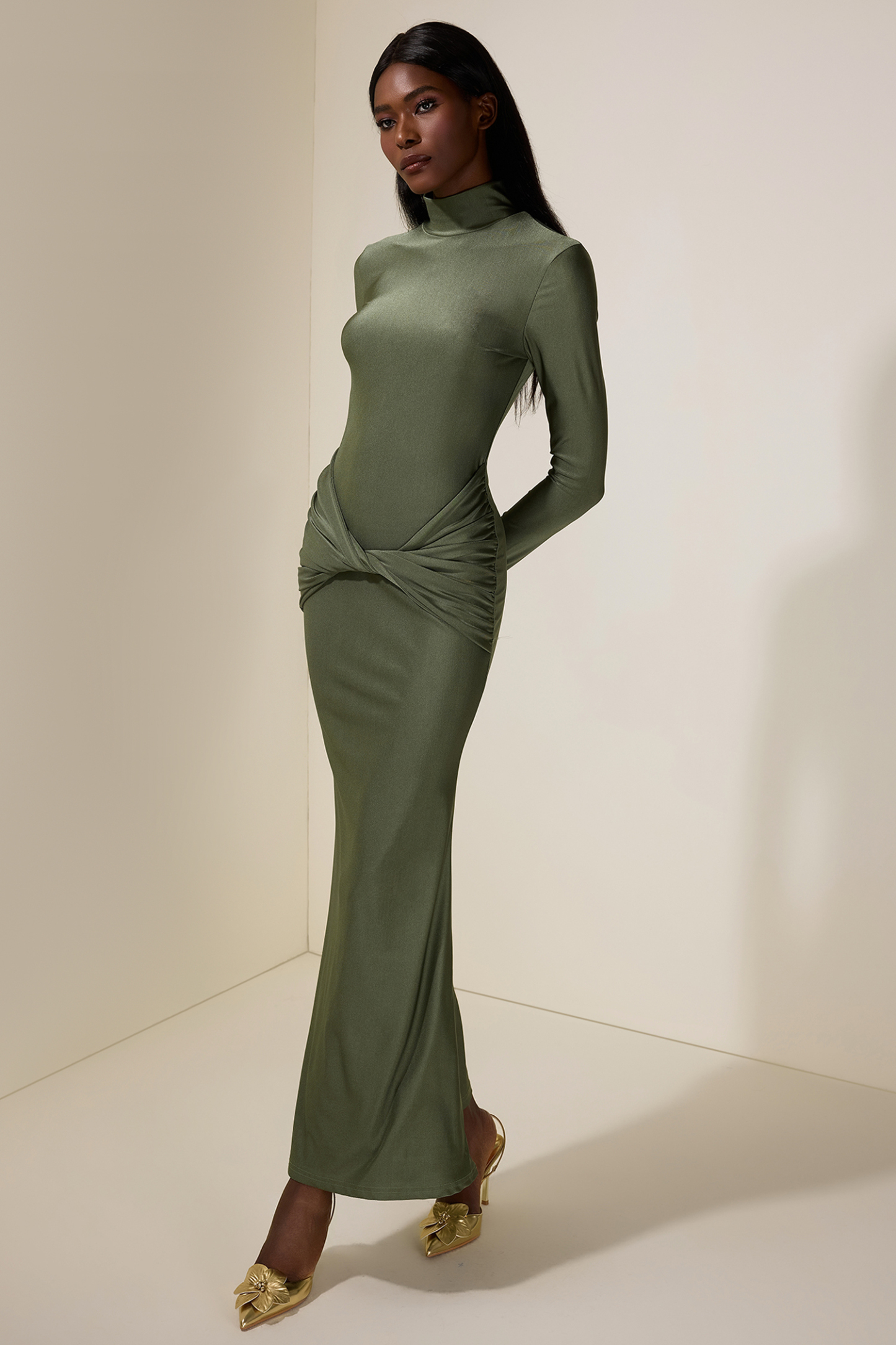 Jersey Knotted Stand Collar Maxi Dress