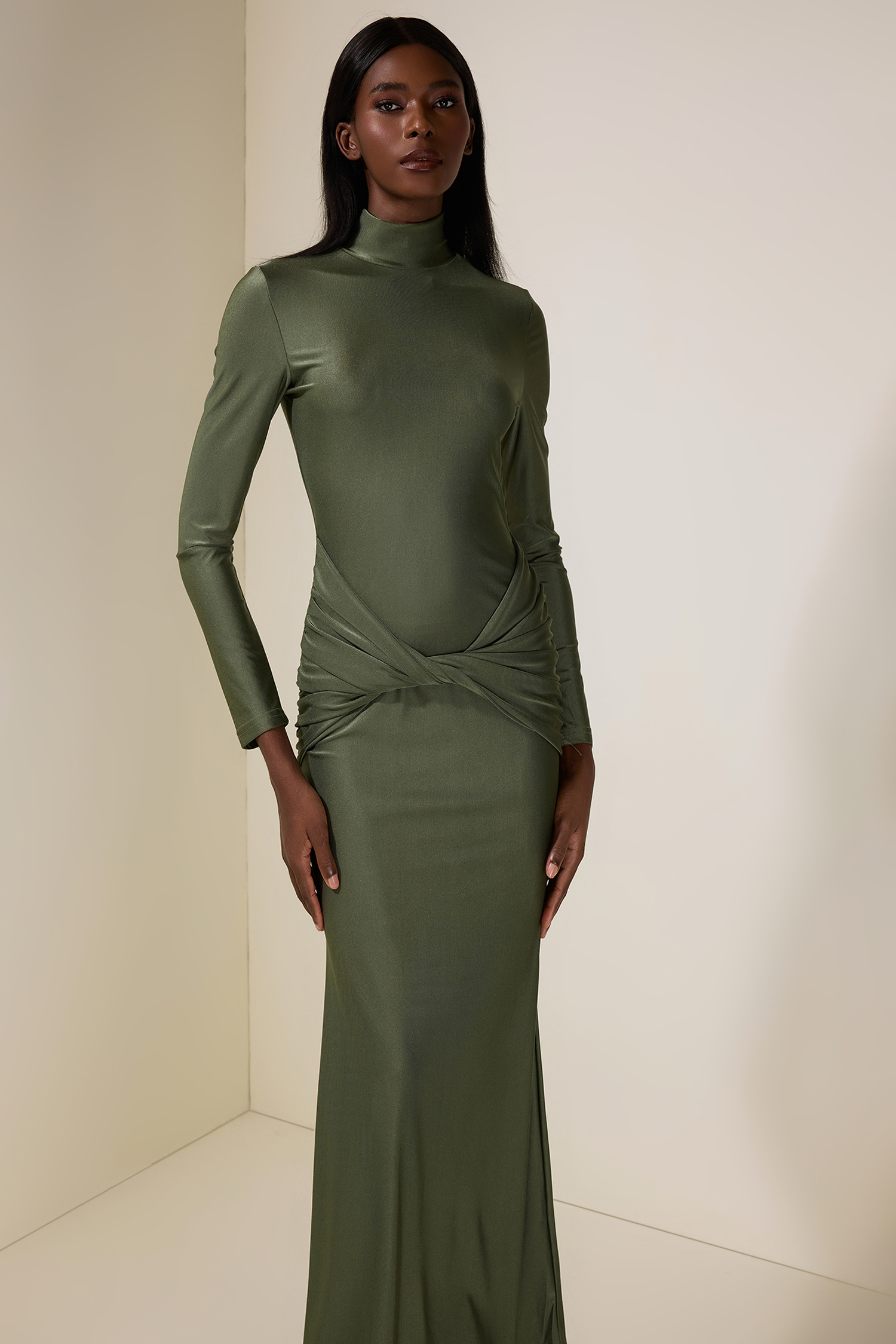 Jersey Knotted Stand Collar Maxi Dress