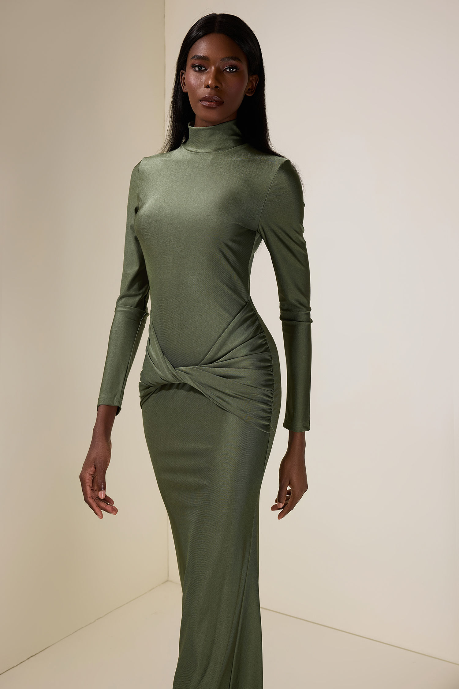 Jersey Knotted Stand Collar Maxi Dress