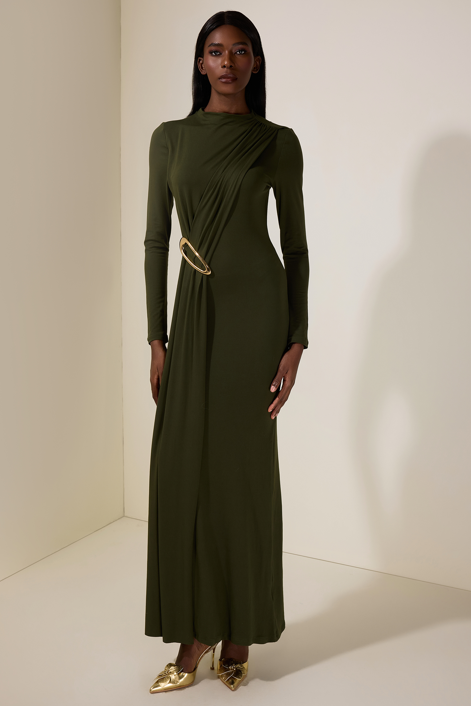 Jersey Metal Decorations Long Sleeve Maxi Dress