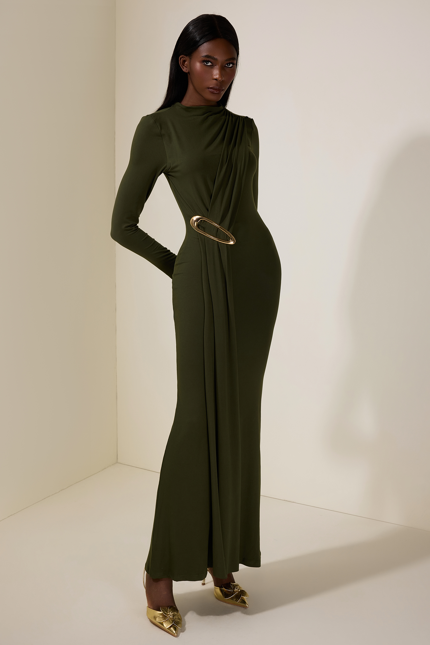 Jersey Metal Decorations Long Sleeve Maxi Dress