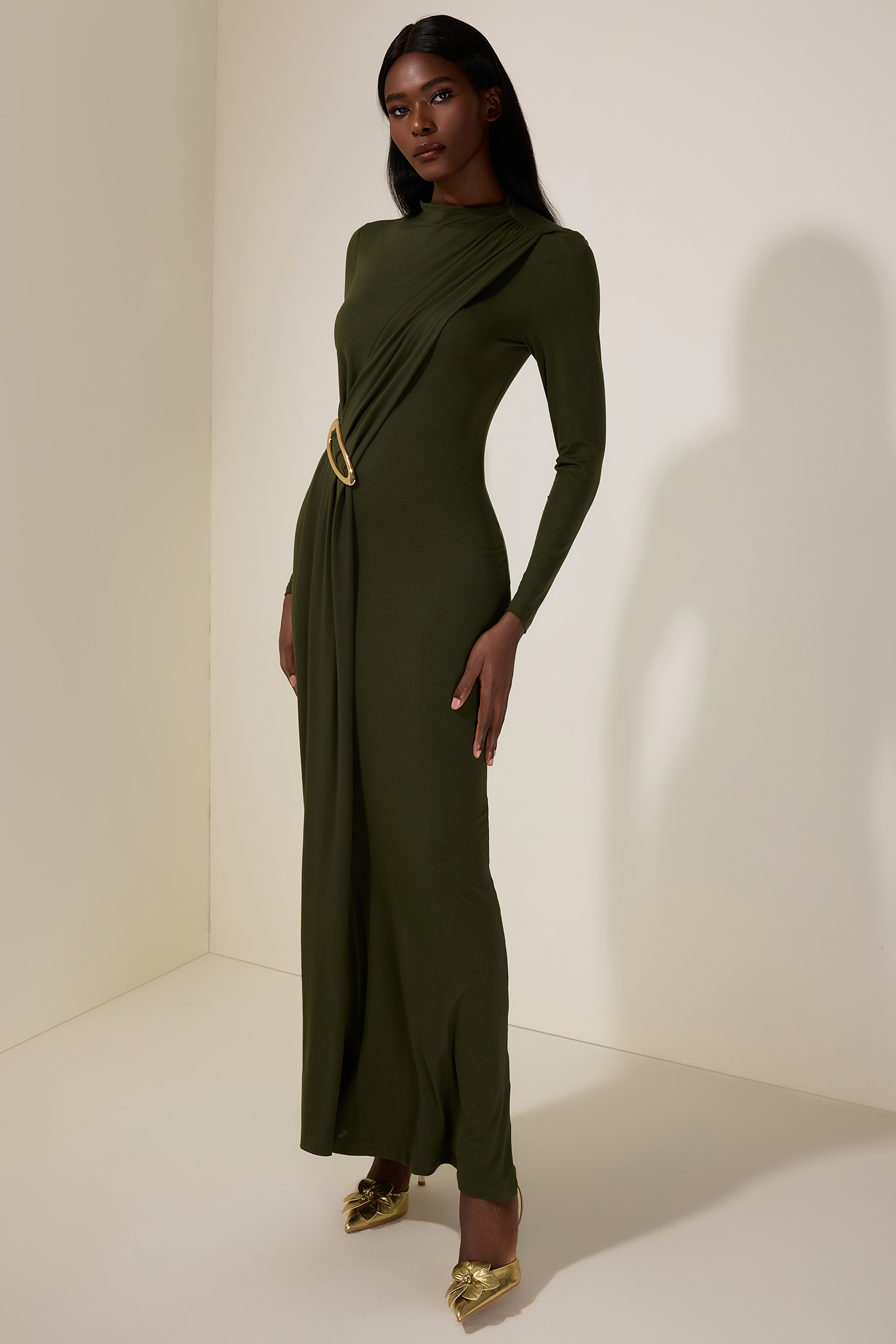 Jersey Metal Decorations Long Sleeve Maxi Dress