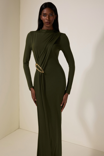 Jersey Metal Decorations Long Sleeve Maxi Dress