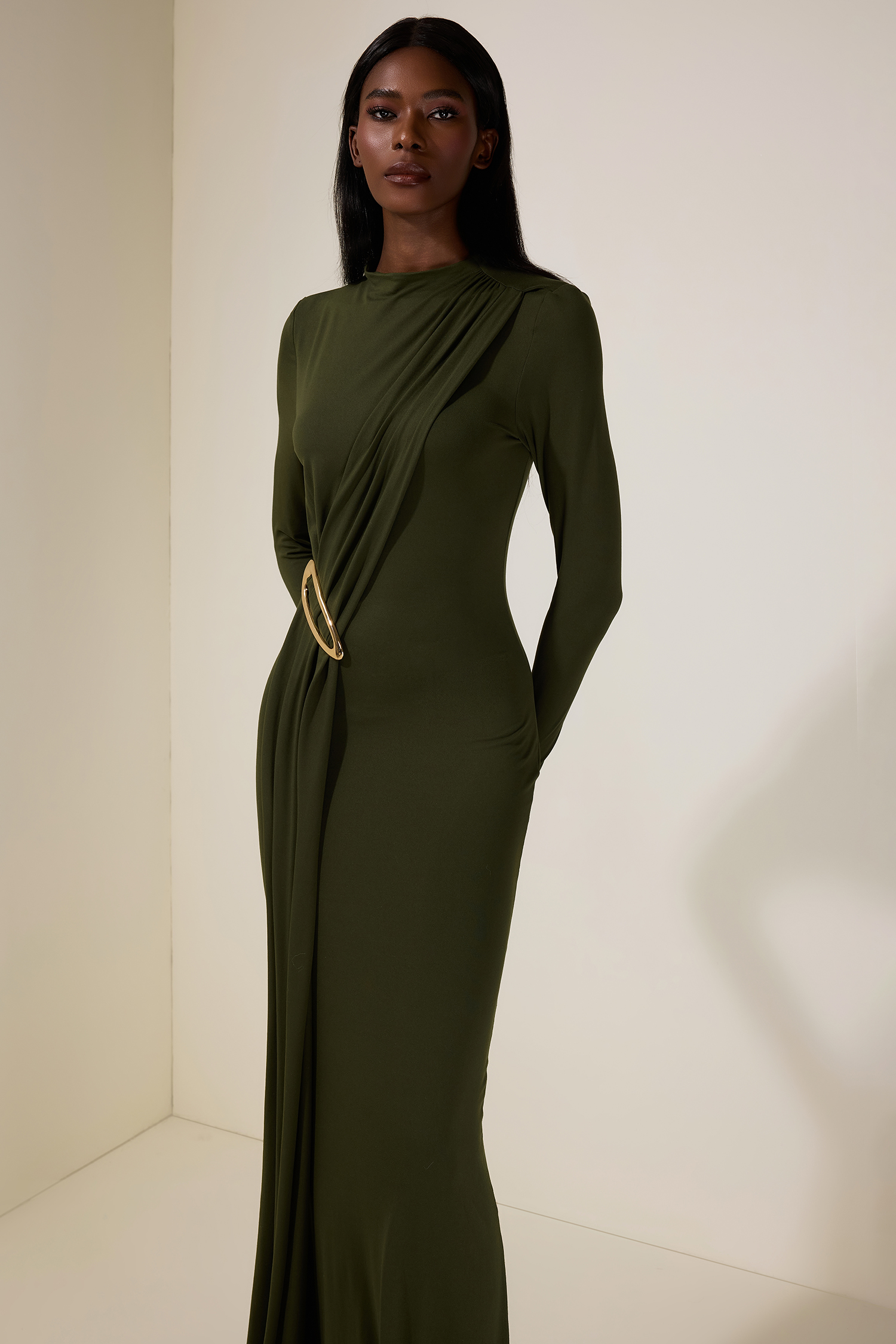 Jersey Metal Decorations Long Sleeve Maxi Dress