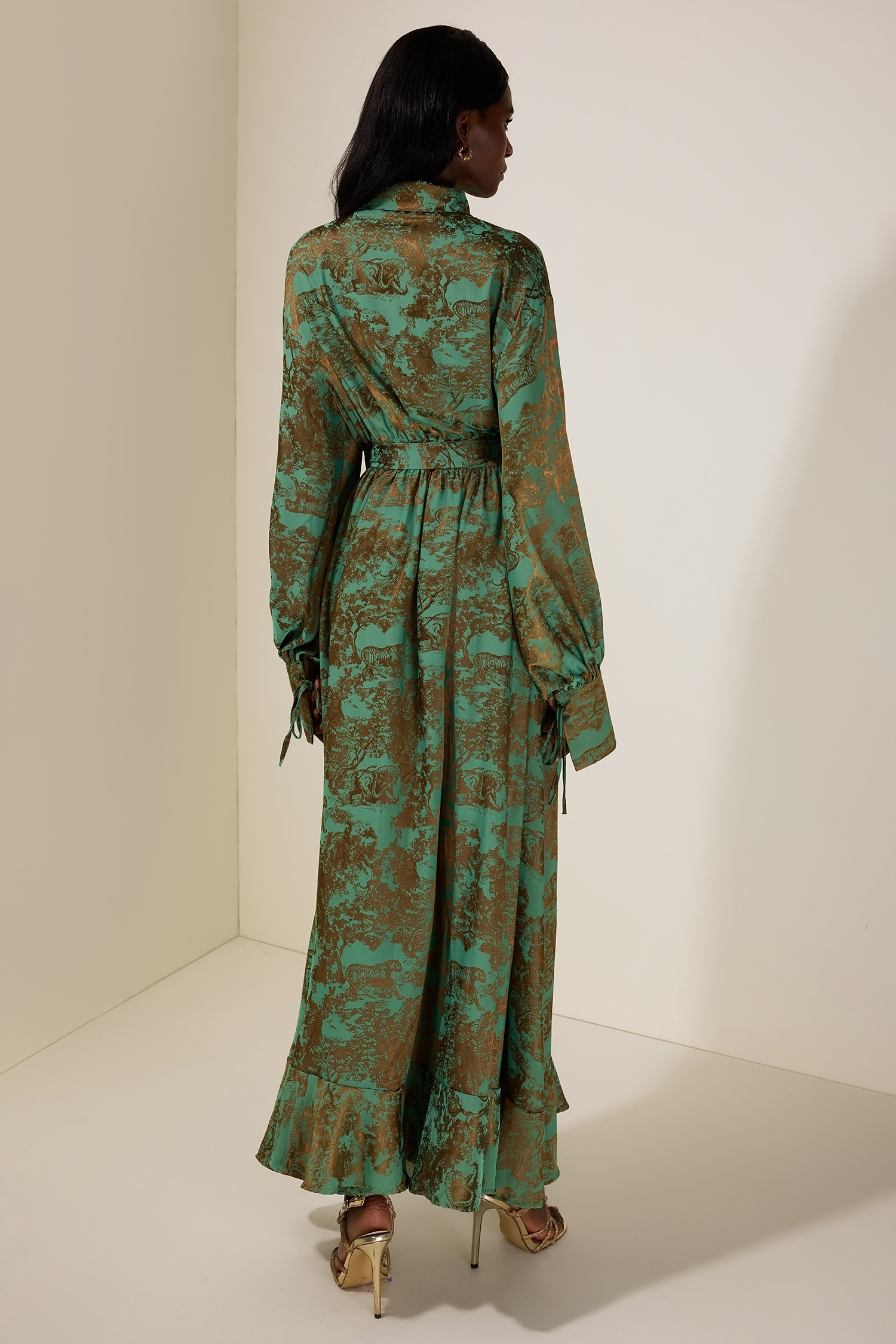 Animal Print Shirt Collar Tie-Up Midi Dress