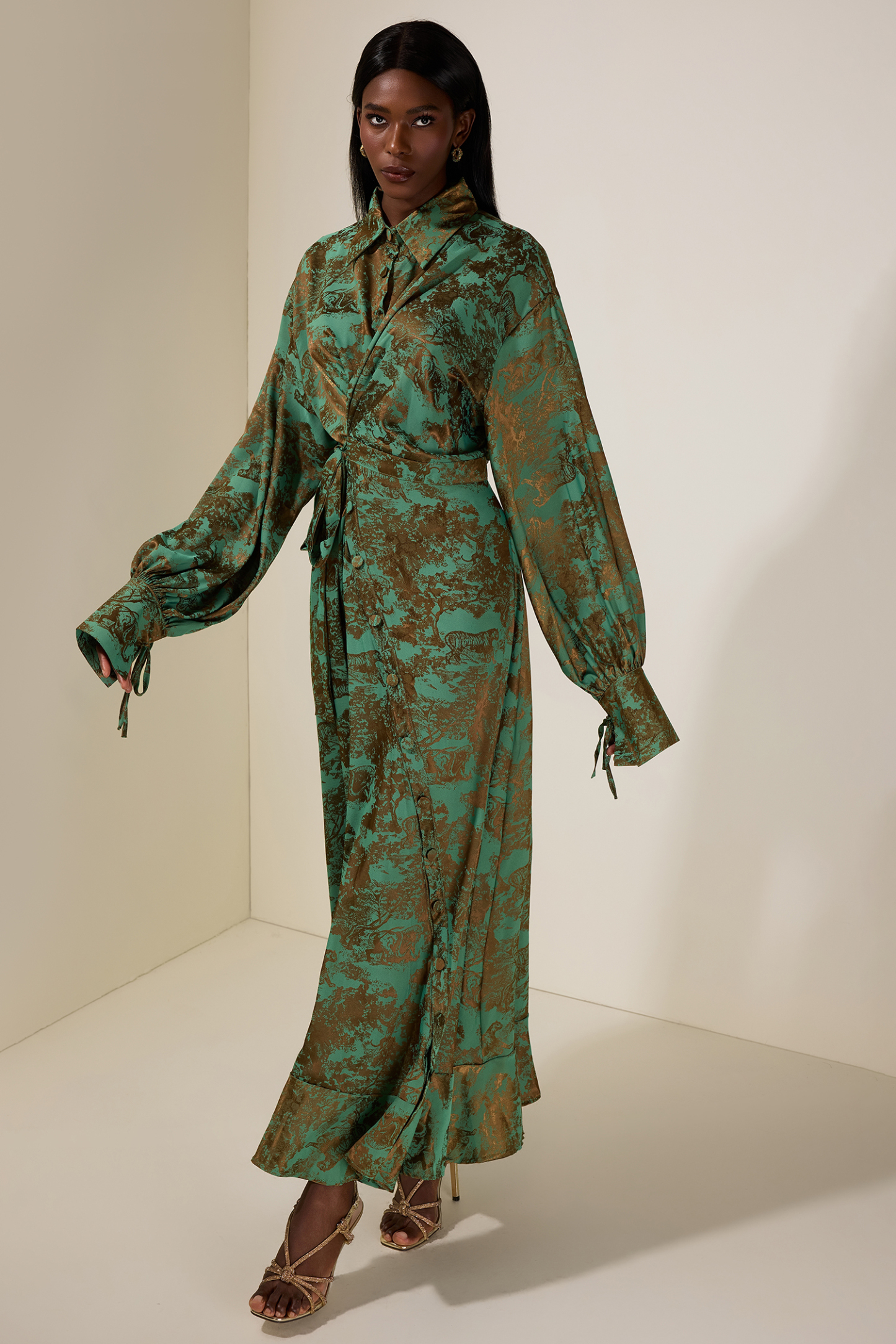 Animal Print Shirt Collar Tie-Up Midi Dress