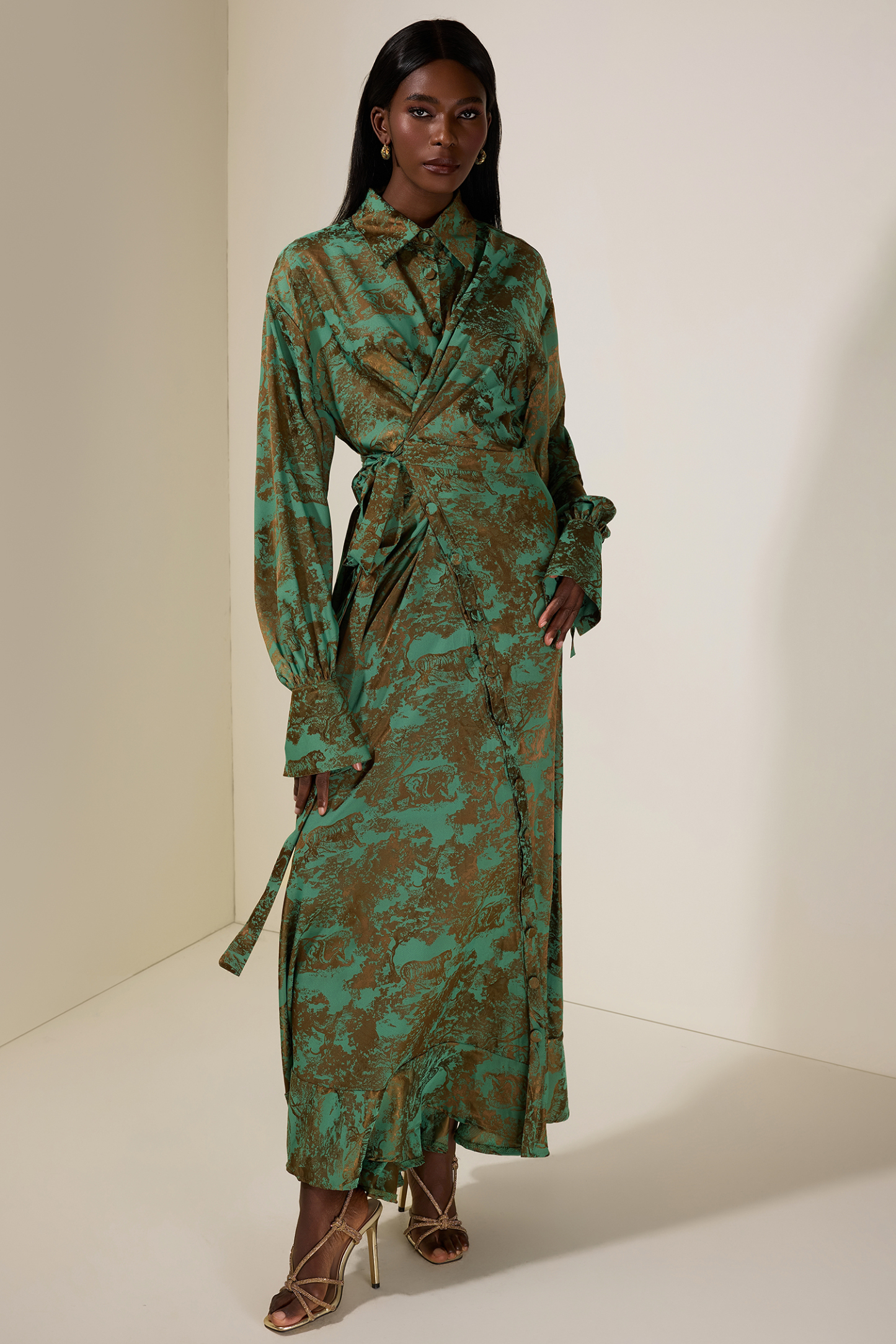 Animal Print Shirt Collar Tie-Up Midi Dress