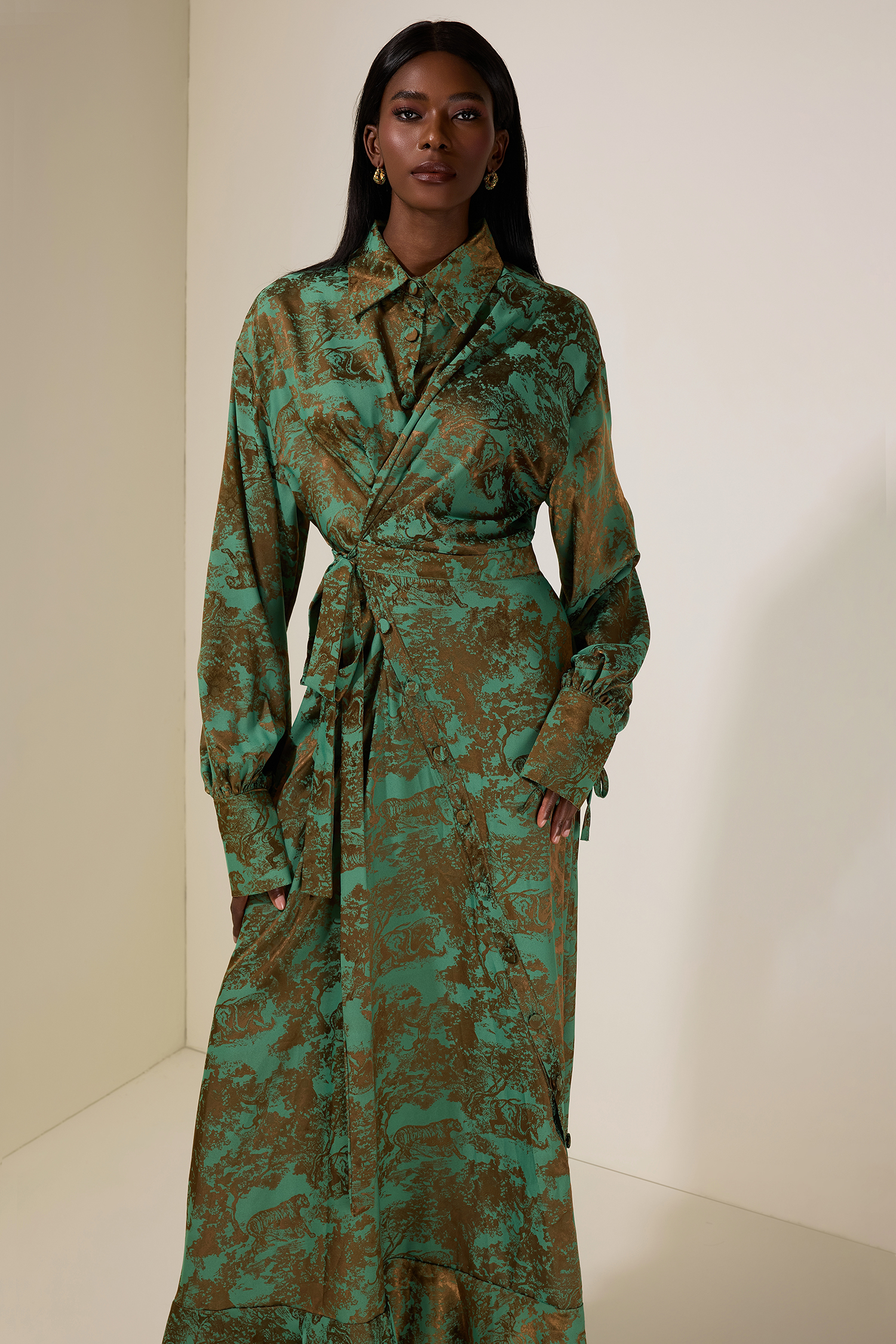 Animal Print Shirt Collar Tie-Up Midi Dress