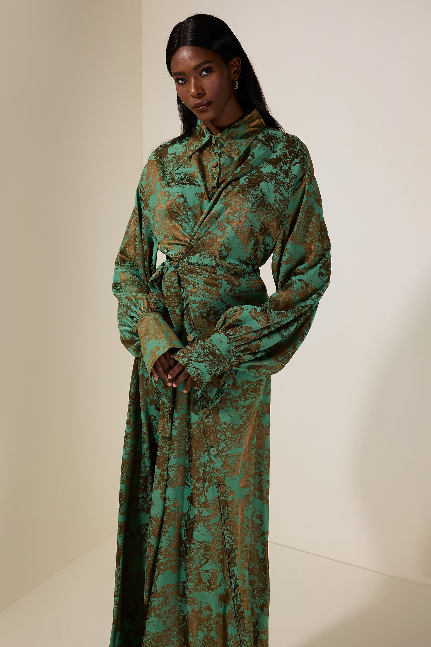 Animal Print Shirt Collar Tie-Up Midi Dress